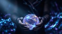 Hands holding glowing digital globe with blue neon grid lines, representing global connectivity, technology, data networks, and digital transformation for business and innovation concepts.
