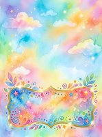 Watercolor rainbow sky background with fluffy clouds, stars, and decorative gold frame with floral swirls for cards, posters, or invitations.