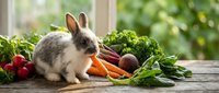 Adorable gray and white rabbit sitting among fresh organic vegetables including carrots, radishes, and leafy greens on rustic wooden table outdoors.