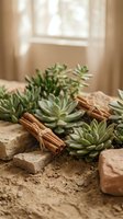 Succulent plants and cinnamon sticks arranged on rustic wooden surface with natural window light creating warm atmospheric home decor composition.