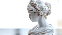 Classical marble sculpture bust of elegant woman with braided updo hairstyle on white background, neoclassical art statue for interior design and decor.