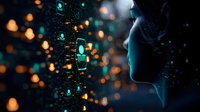 Silhouette profile against glowing turquoise and orange bokeh lights with digital particle effects creating futuristic atmosphere for technology concepts.