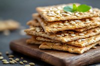 Stack of crispy whole grain crackers with sesame seeds on wooden cutting board, close up view with selective focus and natural lighting.
