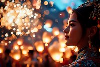 Young Asian woman in traditional dress with ornate hair accessories against glowing lantern festival background, profile view illuminated by warm bokeh lights at dusk.