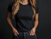 Young blonde woman wearing black t-shirt and jeans with hands in pockets against dark background for fashion mockup and apparel design projects.