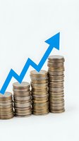 Stacked coins with blue upward arrow showing financial growth, profit increase, investment success, and economic prosperity on white background.