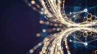 Abstract digital network with glowing fiber optic cables and hexagonal molecular structures on dark blue background for technology presentations.