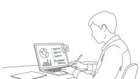 Professional businessman analyzing financial data and charts on laptop computer while taking notes at modern office desk for business analytics and reporting.