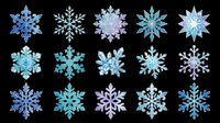 Snowflake collection featuring fifteen isolated winter designs in blue, cyan, and purple tones on transparent background. Ready for t-shirts, stickers, clipart, sublimation, print-on-demand products and holiday crafts.