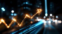 Glowing upward arrow chart with digital data stream against blurred city lights background showing business growth and financial success trends.
