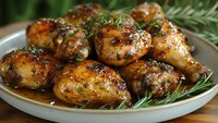 Juicy roasted chicken thighs glazed with honey and herbs, served on white ceramic plate with fresh rosemary sprigs, close-up view of homemade dinner.