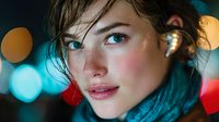 Young Caucasian woman with tousled hair and blue eyes wearing turquoise scarf against blurred city lights background at night for lifestyle photography.