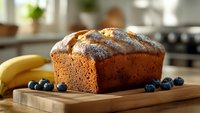 Freshly baked banana bread loaf on wooden cutting board with scattered blueberries and ripe bananas, photographed in warm natural kitchen lighting.