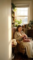 Middle-aged Caucasian woman knitting in cozy armchair by sunny window with houseplants and books creating peaceful home interior atmosphere.