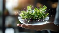 Female hand holding glass bowl with fresh microgreens and magical sparkles floating around. Natural healthy food concept with ethereal light effects.