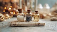 Small glass bottles with cork stoppers containing salt, pepper, and oil on marble board with warm bokeh background. Perfect for culinary concepts.