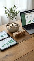 Sustainable business concept with olive tree growing from coins, laptop showing green metrics dashboard, wooden recycling cubes and financial reports on desk.