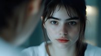 Young Asian woman with red lipstick and dark hair looking intently at someone in soft, moody lighting creating intimate atmosphere for beauty and lifestyle content.