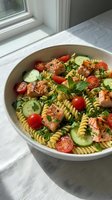 Fresh salmon pasta salad with cherry tomatoes, cucumbers and herbs in white bowl on kitchen counter for healthy meal preparation and cooking.