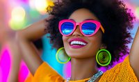 Young African American woman with natural afro hair wearing pink sunglasses and neon green earrings smiling against colorful bokeh background, expressing joy and summer vibes.
