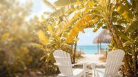 Tropical beach paradise with white chairs under palm trees, turquoise ocean view, golden sunlight filtering through leaves creating peaceful vacation atmosphere.