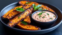 Grilled sweet potato wedges with spices and herbs served on dark plate with creamy pink dipping sauce, garnished with fresh basil leaves. Food photography.