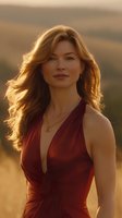 Young Caucasian woman in burgundy evening dress poses at golden hour sunset. Wind-swept honey blonde hair frames confident smile. Elegant necklace adds sophistication to glamorous portrait.
