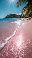 Stunning pink sand beach with turquoise water, palm trees, and mountain backdrop under bright sunlight, waves gently lapping at shore creating serene tropical scene.