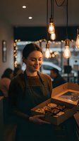 Young female South Asian bakery worker wearing apron holding open box of freshly baked cookies in warm-lit cafe with vintage Edison bulb pendant lights and bokeh background for hospitality and food service.