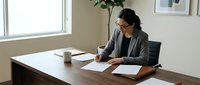 Professional businesswoman in gray suit working at modern office desk, reviewing documents and paperwork in bright workspace with natural lighting.