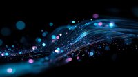 Abstract flowing blue and purple light waves with glowing particles and bokeh effects on black background, creating dynamic motion and energy design.