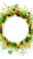St. Patrick's Day festive frame with shamrocks, gold coins and green watercolor splashes on white background for holiday greeting cards and decorations.