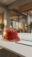 Red safety helmet and digital tablet on modern office desk with glass partitions and concrete beams in contemporary workspace for construction planning.
