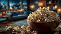 Freshly popped caramel popcorn overflowing from wooden bowl on rustic table with warm bokeh lights creating cozy movie night atmosphere for snacking.
