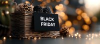 Black Friday sale banner with woven basket, blackberries and glowing bokeh lights creating festive shopping atmosphere for seasonal promotions.