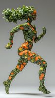 Running figure made from fresh green leaves and orange citrus fruits in dynamic pose against gray background. Healthy lifestyle concept.