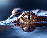 Close-up macro photograph of an alligator eye partially submerged in water showing detailed iris texture and reflection on dark blue water surface.