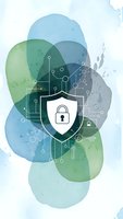 Digital security shield with lock icon on abstract watercolor background with network connections and circuit patterns for cybersecurity concepts.