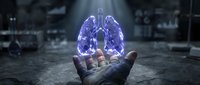 Holographic lungs floating above open palm in futuristic medical concept for respiratory health technology and healthcare innovation in modern laboratory setting.