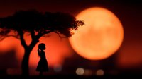 Young African woman silhouette standing under acacia tree at dramatic orange sunset in savanna, dreamy atmospheric scene with large sun disk background.