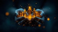 Glowing golden crown with mystical blue aura floating in dark space, surrounded by magical sparkling particles and ethereal light effects.