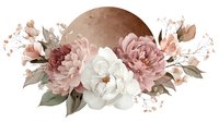 Elegant watercolor floral arrangement with pink peonies, white roses, and delicate foliage against a warm brown circular background for wedding invitations.