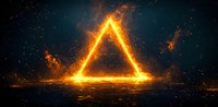 Glowing triangle shape with bright orange light effects and particles floating in dark space, mystical energy portal on black background for fantasy designs.