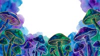 Neon glowing mushrooms with watercolor splashes in purple, blue, and green tones on white background, isolated design element for digital art and creative projects.