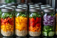 Layered mason jars filled with fresh vegetables, grains and salad ingredients, ready for meal prep and healthy eating throughout the week.