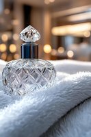 Crystal perfume bottle with faceted glass design on white fur, soft bokeh lights in background creating luxurious atmosphere for beauty and fragrance marketing.
