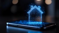 Glowing blue holographic house projection emerging from smartphone screen with bokeh background and particle effects. Digital real estate concept.