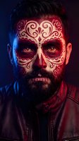 Man with sugar skull face paint in dramatic red and blue lighting wearing leather jacket for Day of the Dead celebration or Halloween costume party.