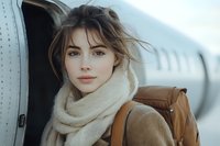 Young Caucasian woman with natural makeup wearing cream scarf and brown coat near airplane, wind blowing hair, casual travel style for lifestyle and aviation content.