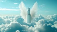 White serum bottle with angel wings floating in cloudy turquoise sky, mystical cosmetic product concept for skincare and beauty advertising.